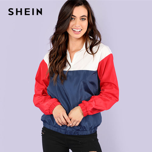 SHEIN Multicolor Colorblock Preppy Casual Sweatshirt Cut and Sew Lapel Collar Sweatshirt Women Autumn Half Placket Clothes