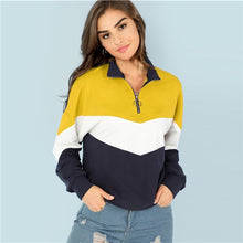Load image into Gallery viewer, SHEIN Multicolor O-Ring Zip Front Cut and Sew Sweatshirt Casual Stand Collar Raglan Sleeve Sweatshirt Women Autumn Pullovers