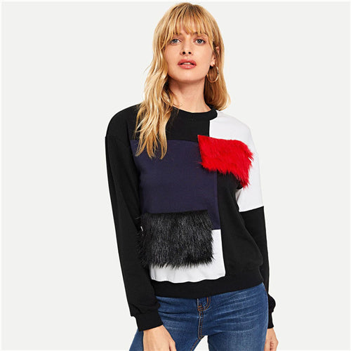 SHEIN Multicolor Cut and Sew Faux Fur Sweatshirt Patchwork Round Neck Long Sleeve Sweatshirts Women Autumn Pullovers Sweatshirt
